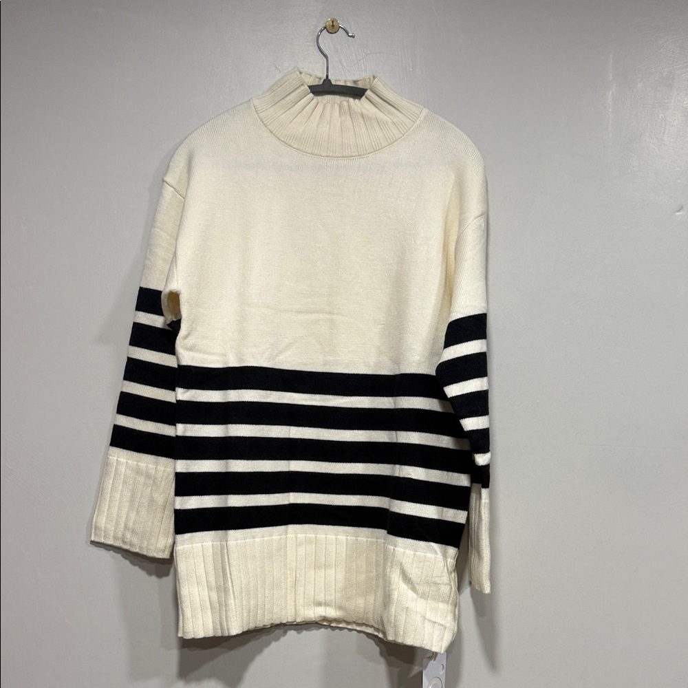 Commense Black and Cream Striped Cowl Neck Sweater